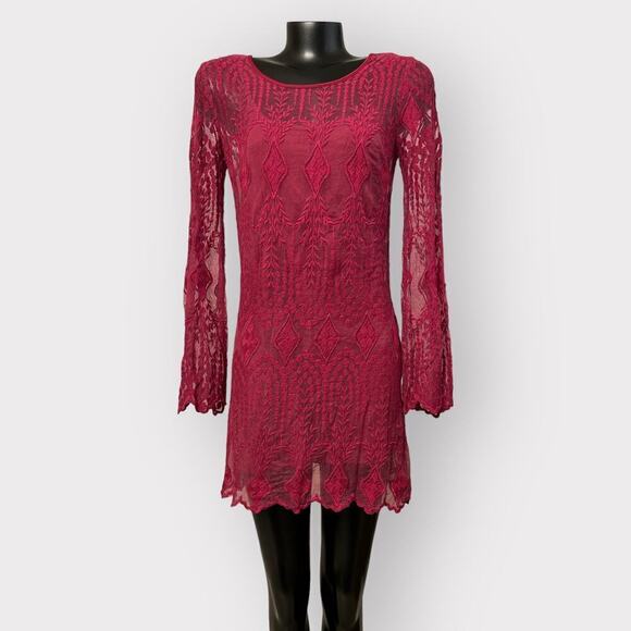 Ecote Red Mesh Lace Long Sleeve Mini Dress Womens sz M Soft Pink Burgundy Sexy - Picture 1 of 8